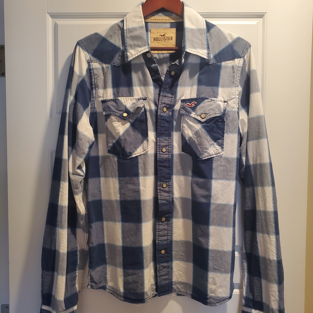 Hollister Navy and White Checkered Shirt